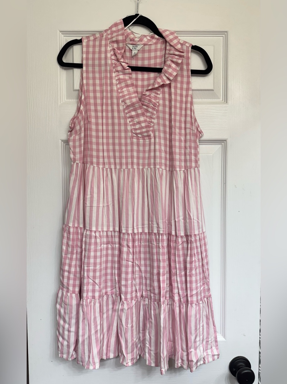 crown & ivy Pink Gingham Tiered Ruffle Sundress L